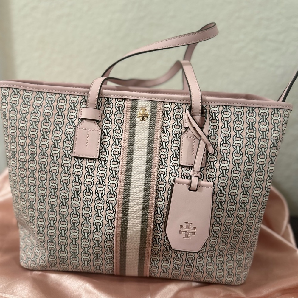 Tory Burch Pink Patterned Tote Handbag with Stripe Accent and cross body strap - Picture 4 of 13